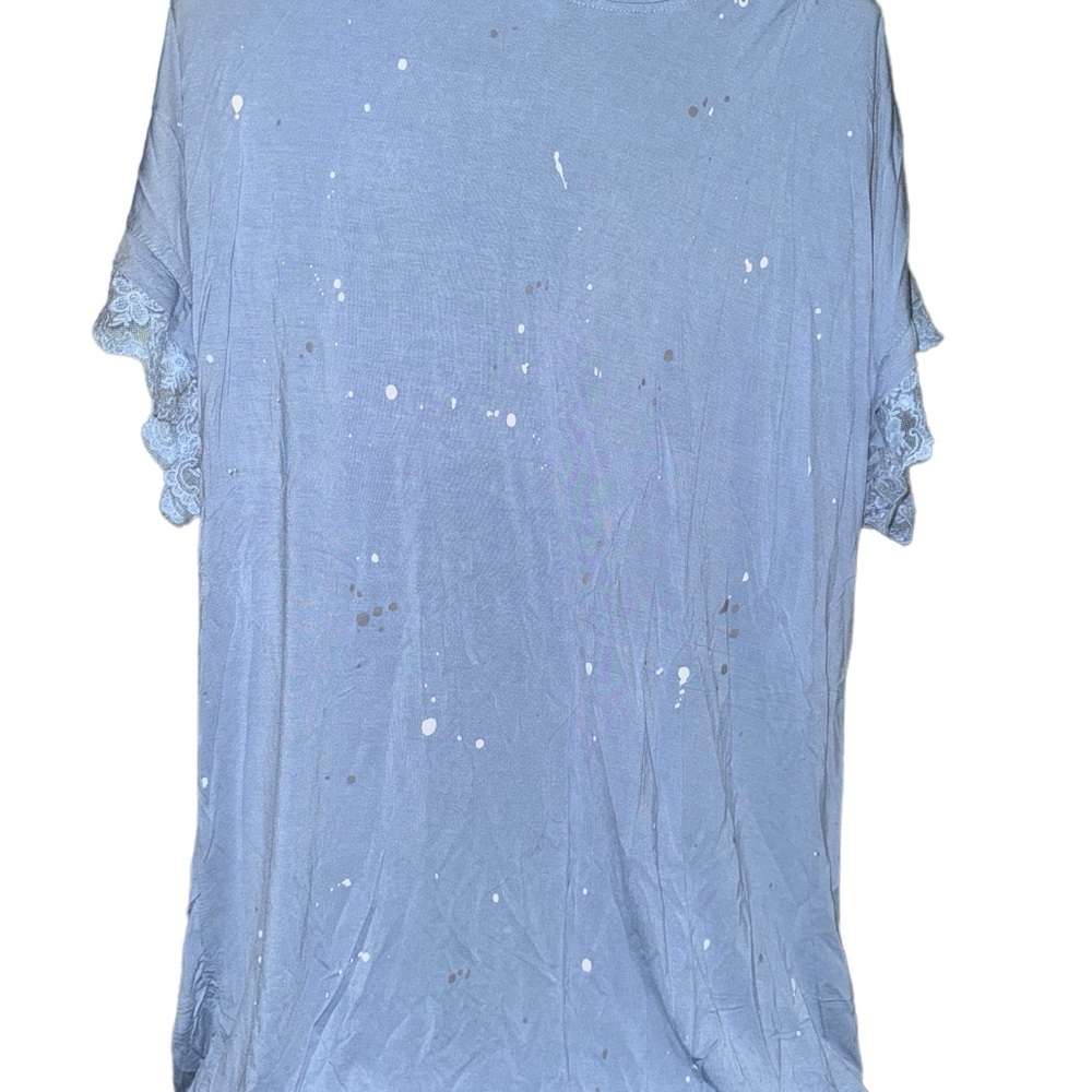 POL Blue Short Sleeve Paint Splatter Top with Lace Detail